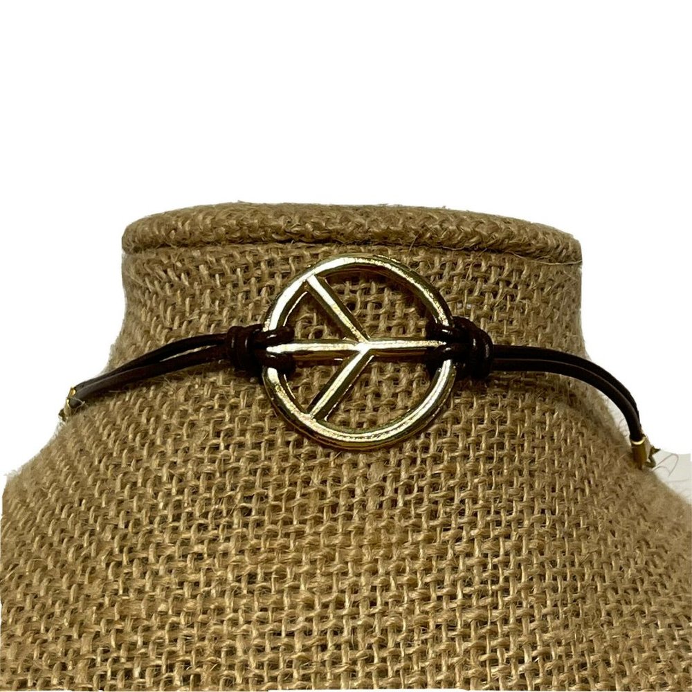 WOMEN'S ETTIKA LEATHER Brown Gold PEACE CHARM BRACELET Adjustable Surf Sand Boho